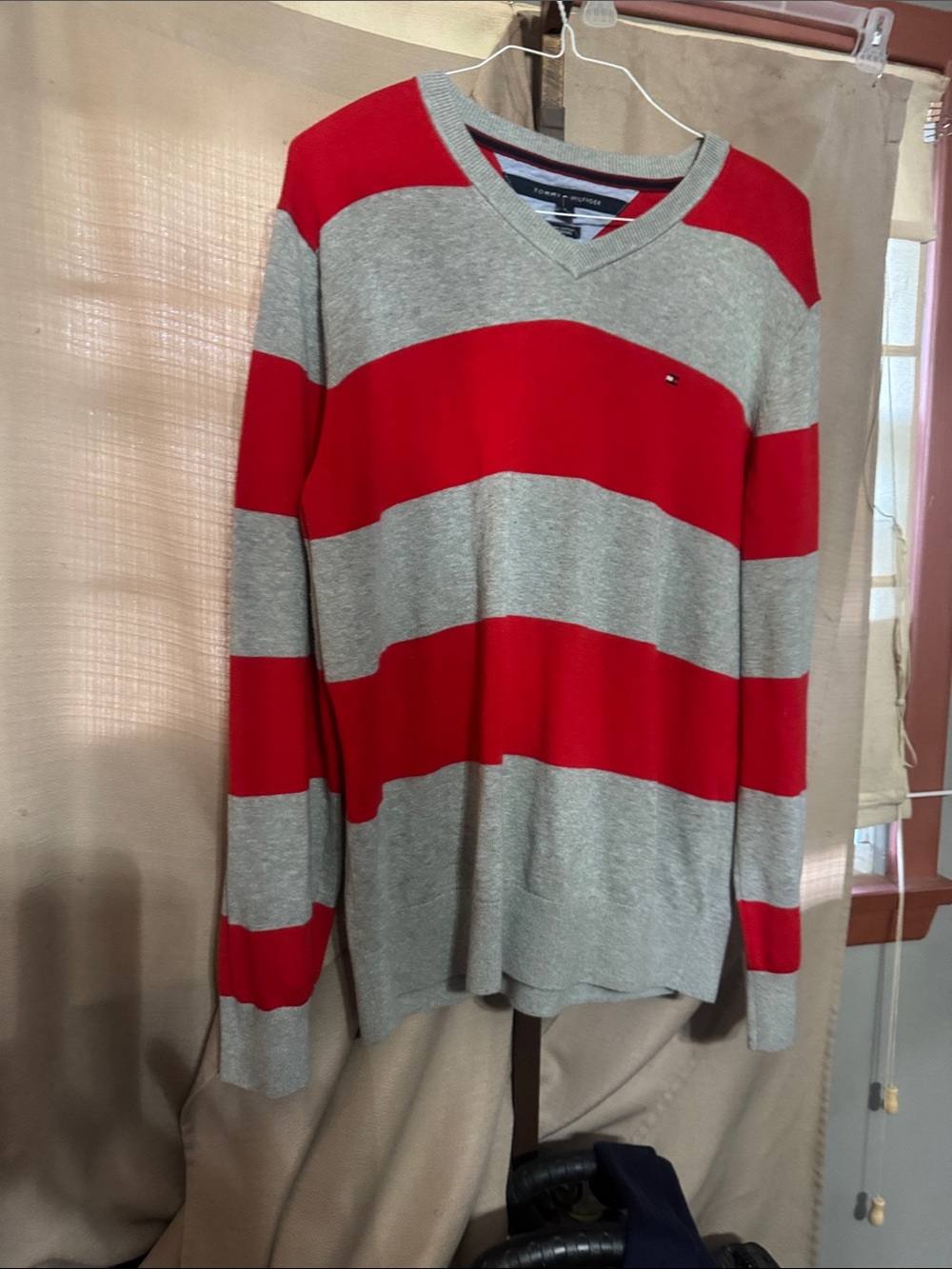Tommy Hilfiger Red & Gray Striped V‑Neck Sweater